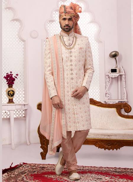 Cream Colour Wedding Wear Embroidery Work Sherwani Groom Latest Collection 9015